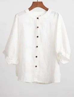 Women's Shirt Solid Color Basic Casual 3/4 Length Sleeve Crew Neck Regular Tops Daily Buttons White Yellow Red Blue Summer Women Shirts