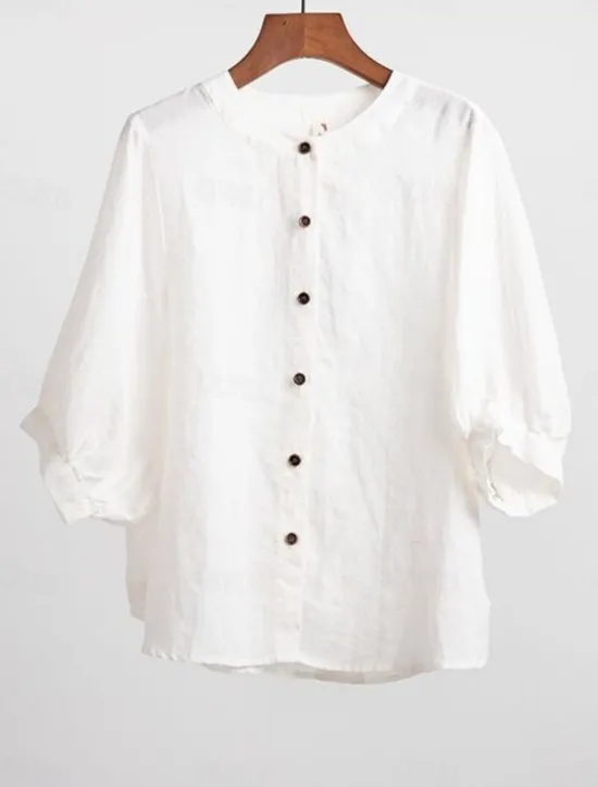 Women's Shirt Solid Color Basic Casual 3/4 Length Sleeve Crew Neck Regular Tops Daily Buttons White Yellow Red Blue Summer Women Shirts