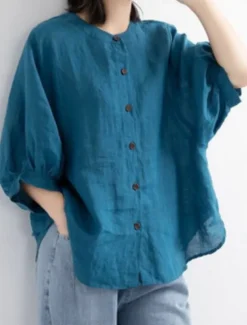 Women's Shirt Solid Color Basic Casual 3/4 Length Sleeve Crew Neck Regular Tops Daily Buttons White Yellow Red Blue Summer Women Shirts