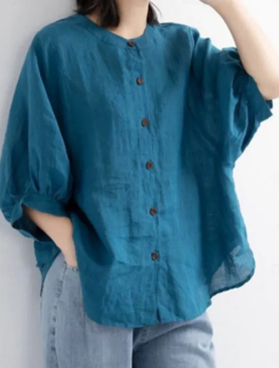 Women's Shirt Solid Color Basic Casual 3/4 Length Sleeve Crew Neck Regular Tops Daily Buttons White Yellow Red Blue Summer Women Shirts