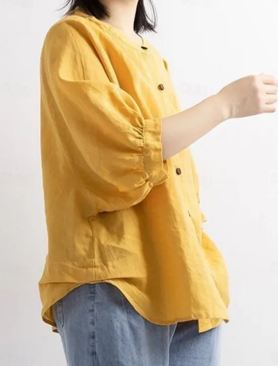 Women's Shirt Solid Color Basic Casual 3/4 Length Sleeve Crew Neck Regular Tops Daily Buttons White Yellow Red Blue Summer Women Shirts