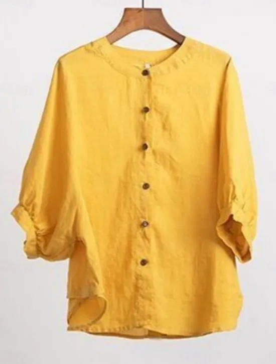 Women's Shirt Solid Color Basic Casual 3/4 Length Sleeve Crew Neck Regular Tops Daily Buttons White Yellow Red Blue Summer Women Shirts