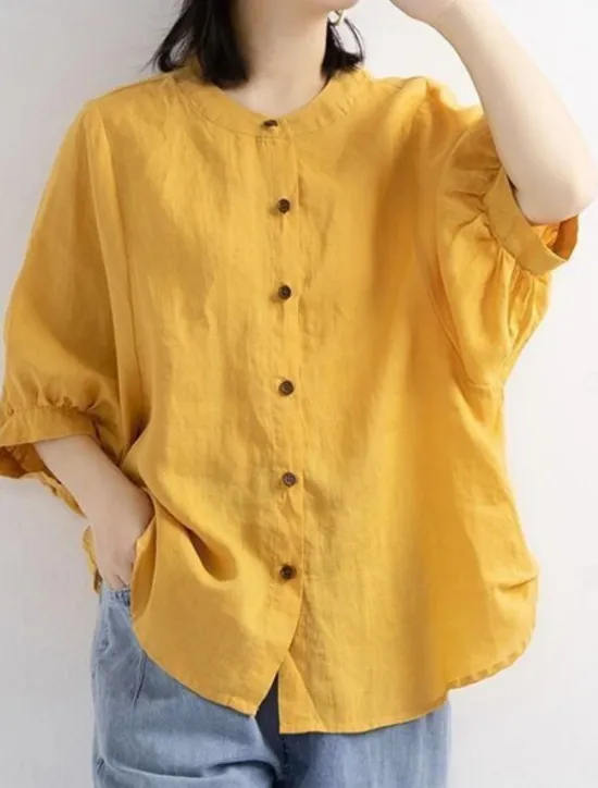 Women's Shirt Solid Color Basic Casual 3/4 Length Sleeve Crew Neck Regular Tops Daily Buttons White Yellow Red Blue Summer Women Shirts