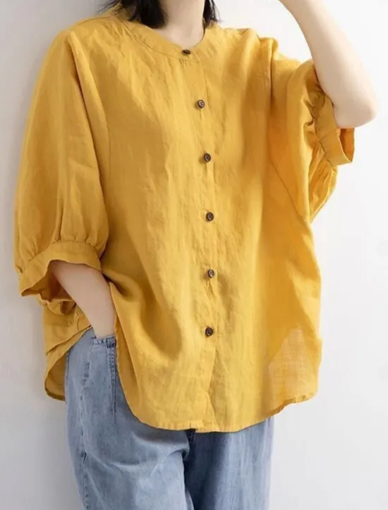 Women's Shirt Solid Color Basic Casual 3/4 Length Sleeve Crew Neck Regular Tops Daily Buttons White Yellow Red Blue Summer Women Shirts