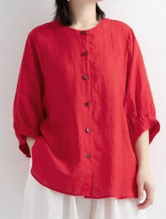 Women's Shirt Solid Color Basic Casual 3/4 Length Sleeve Crew Neck Regular Tops Daily Buttons White Yellow Red Blue Summer Women Shirts