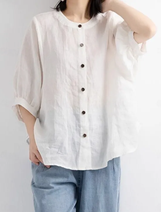 Women's Shirt Solid Color Basic Casual 3/4 Length Sleeve Crew Neck Regular Tops Daily Buttons White Yellow Red Blue Summer Women Shirts