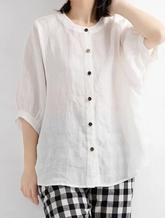 Women's Shirt Solid Color Basic Casual 3/4 Length Sleeve Crew Neck Regular Tops Daily Buttons White Yellow Red Blue Summer Women Shirts