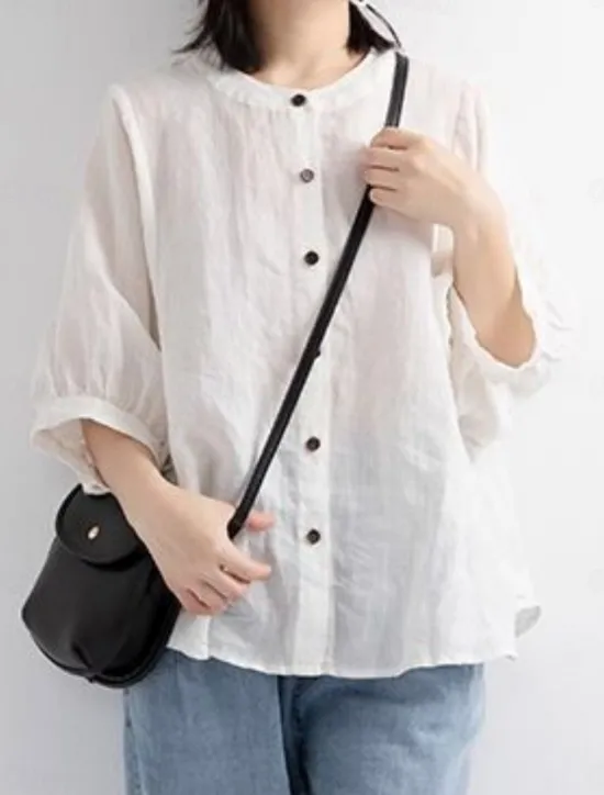Women's Shirt Solid Color Basic Casual 3/4 Length Sleeve Crew Neck Regular Tops Daily Buttons White Yellow Red Blue Summer Women Shirts