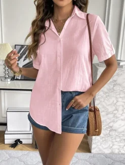 Sale Women's Shirt Solid Color Basic Casual Short Sleeve Shirt Collar Regular Tops Daily Buttons Black White Pink Blue Summer Women Shirts