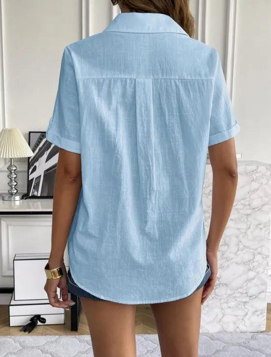 Sale Women's Shirt Solid Color Basic Casual Short Sleeve Shirt Collar Regular Tops Daily Buttons Black White Pink Blue Summer Women Shirts