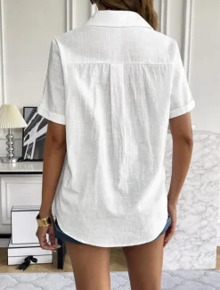 Sale Women's Shirt Solid Color Basic Casual Short Sleeve Shirt Collar Regular Tops Daily Buttons Black White Pink Blue Summer Women Shirts
