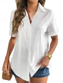 Sale Women's Shirt Solid Color Basic Casual Short Sleeve Shirt Collar Regular Tops Daily Buttons Black White Pink Blue Summer Women Shirts
