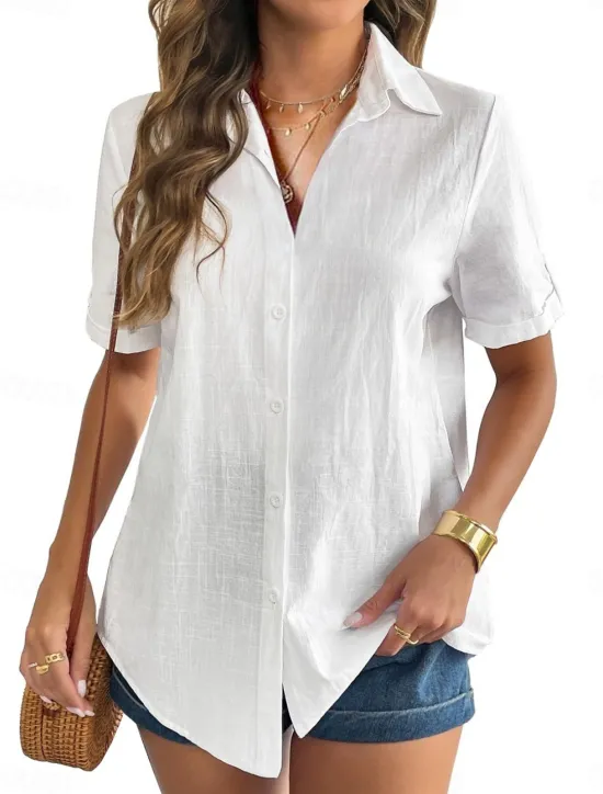 Sale Women's Shirt Solid Color Basic Casual Short Sleeve Shirt Collar Regular Tops Daily Buttons Black White Pink Blue Summer Women Shirts