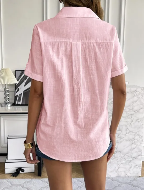 Sale Women's Shirt Solid Color Basic Casual Short Sleeve Shirt Collar Regular Tops Daily Buttons Black White Pink Blue Summer Women Shirts
