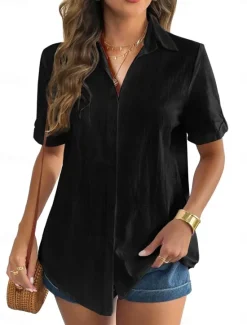Sale Women's Shirt Solid Color Basic Casual Short Sleeve Shirt Collar Regular Tops Daily Buttons Black White Pink Blue Summer Women Shirts