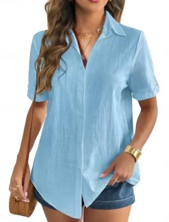 Sale Women's Shirt Solid Color Basic Casual Short Sleeve Shirt Collar Regular Tops Daily Buttons Black White Pink Blue Summer Women Shirts