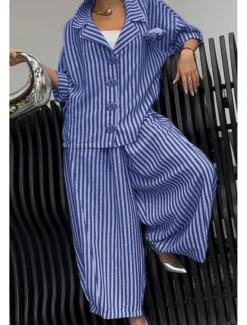 Discount Women's Shirt Striped Stylish Casual Long Sleeve Shirt Collar Regular Tops Daily Holiday Buttons Print Yellow Red Blue Purple Green Summer Spring Fall Women Two Piece Sets