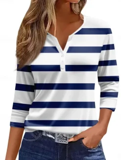 Women's Shirt Striped Stylish Casual Long Sleeve V Neck Regular Tops Daily Buttons Print White Wine Blue Green Summer Spring Fall Women T-Shirts