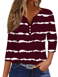 Women's Shirt Striped Stylish Casual Long Sleeve V Neck Regular Tops Daily Buttons Print White Wine Blue Green Summer Spring Fall Women T-Shirts