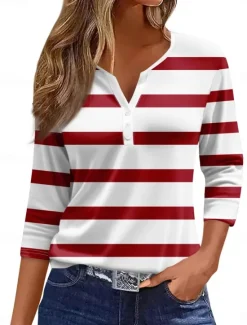 Women's Shirt Striped Stylish Casual Long Sleeve V Neck Regular Tops Daily Buttons Print White Wine Blue Green Summer Spring Fall Women T-Shirts