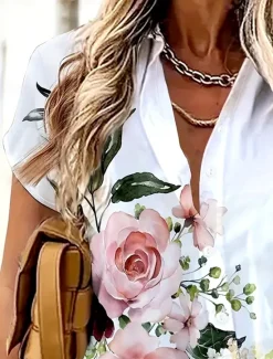 Outlet Women's Shirt Stylish Floral Buttons Print Short Sleeve Shirt Collar Work Daily Summer Women Spring Tops