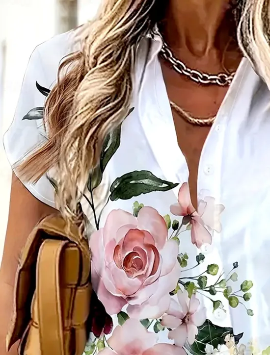 Outlet Women's Shirt Stylish Floral Buttons Print Short Sleeve Shirt Collar Work Daily Summer Women Spring Tops