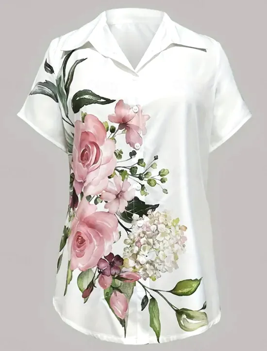 Outlet Women's Shirt Stylish Floral Buttons Print Short Sleeve Shirt Collar Work Daily Summer Women Spring Tops