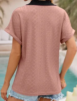New Women's Shirt Tunic Plain Short Sleeve V Neck Shirt Collar Work Daily Sage Green Pink Rose Pink Summer Women Lace Tops