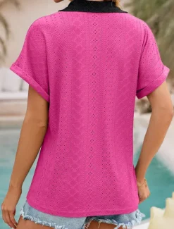 New Women's Shirt Tunic Plain Short Sleeve V Neck Shirt Collar Work Daily Sage Green Pink Rose Pink Summer Women Lace Tops