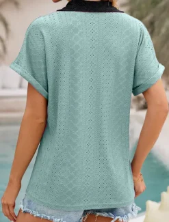 New Women's Shirt Tunic Plain Short Sleeve V Neck Shirt Collar Work Daily Sage Green Pink Rose Pink Summer Women Lace Tops