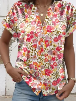 Hot Women's Shirt V Neck Button Down Blouse Floral Graphic Elegant Modern Casual Short Sleeve Notched Neck Regular Tops Work Daily Buttons Print Summer Spring Women Blouses & Shirts|Spring Tops