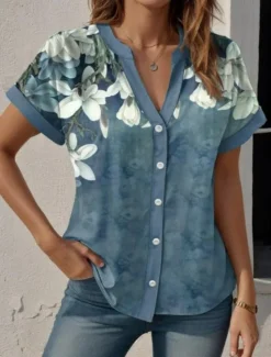 New Women's Shirt V Neck Button Down Blouse Floral Graphic Stylish Beach Short Sleeve Shirt Collar Regular Tops Daily Buttons Print Summer Spring Women Spring Tops