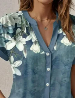 New Women's Shirt V Neck Button Down Blouse Floral Graphic Stylish Beach Short Sleeve Shirt Collar Regular Tops Daily Buttons Print Summer Spring Women Spring Tops
