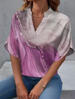 Hot Women's Shirt V Neck Marble Stylish Beach Short Sleeve Regular Tops Daily Print Pink Purple Green Spring Fall Women Blouses & Shirts