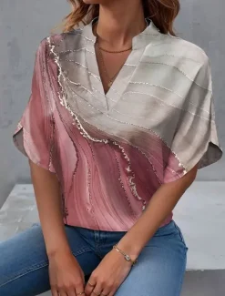 Hot Women's Shirt V Neck Marble Stylish Beach Short Sleeve Regular Tops Daily Print Pink Purple Green Spring Fall Women Blouses & Shirts