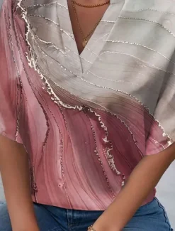 Hot Women's Shirt V Neck Marble Stylish Beach Short Sleeve Regular Tops Daily Print Pink Purple Green Spring Fall Women Blouses & Shirts