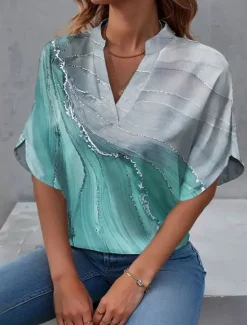 Hot Women's Shirt V Neck Marble Stylish Beach Short Sleeve Regular Tops Daily Print Pink Purple Green Spring Fall Women Blouses & Shirts