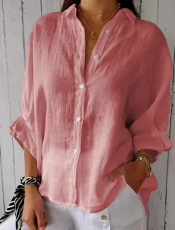 Women's Shirts Button Up Blouse Black White Pink Plain Buttons Street Daily Fashion Shirt Collar Poly-Cotton Linen Texture Shirts Regular Fit S Women Shirts