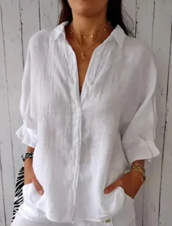 Women's Shirts Button Up Blouse Black White Pink Plain Buttons Street Daily Fashion Shirt Collar Poly-Cotton Linen Texture Shirts Regular Fit S Women Shirts