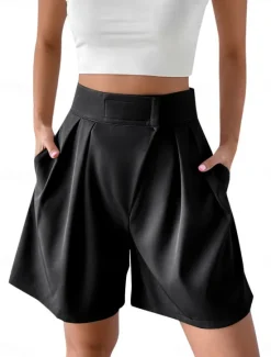 Outlet Women's Shorts Baggy Pants Chinos Shorts Fashion Streetwear Basic Knee Length High Waist Plain Pocket Elastic Waistband Comfy Soft Comfortable Micro-elastic Outdoor Street Black White Red Brown Women Shorts