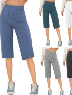 Sale Women's Shorts Capri shorts Streetwear Casual Knee Length High Waist Plain Pocket Elastic Drawstring Design High Cut Breathability Soft Micro-elastic Vacation Street Daily Wear White Royal Blue Women Shorts