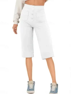 Sale Women's Shorts Capri shorts Streetwear Casual Knee Length High Waist Plain Pocket Elastic Drawstring Design High Cut Breathability Soft Micro-elastic Vacation Street Daily Wear White Royal Blue Women Shorts