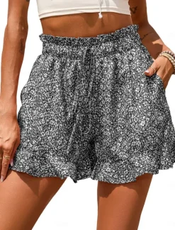 Women's Shorts Casual Daily Short Floral Ruffle Drawstring Side Pockets Breathability Comfortable Inelastic Going out Weekend Red Blue Green Gray Summer Regular Fit Women Shorts