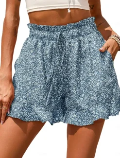 Women's Shorts Casual Daily Short Floral Ruffle Drawstring Side Pockets Breathability Comfortable Inelastic Going out Weekend Red Blue Green Gray Summer Regular Fit Women Shorts