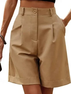 Outlet Women's Shorts Casual Daily Short Plain Side Pockets Breathability Comfortable Micro-elastic Weekend White Pink Camel Green Summer Regular Fit Women Shorts