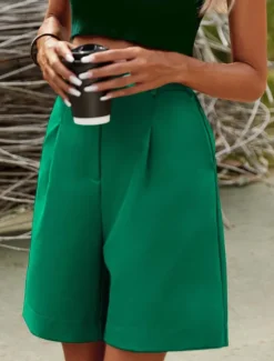 Outlet Women's Shorts Casual Daily Short Plain Side Pockets Breathability Comfortable Micro-elastic Weekend White Pink Camel Green Summer Regular Fit Women Shorts