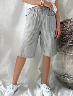 Clearance Women's Shorts Casual Daily Knee Length Striped Pocket Elastic Waistband Breathability Comfortable Inelastic Going out Weekend Black Yellow Pink Navy Blue Summer Regular Fit Women Shorts