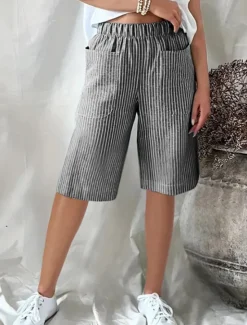 Clearance Women's Shorts Casual Daily Knee Length Striped Pocket Elastic Waistband Breathability Comfortable Inelastic Going out Weekend Black Yellow Pink Navy Blue Summer Regular Fit Women Shorts