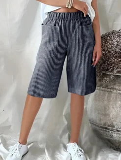 Clearance Women's Shorts Casual Daily Knee Length Striped Pocket Elastic Waistband Breathability Comfortable Inelastic Going out Weekend Black Yellow Pink Navy Blue Summer Regular Fit Women Shorts
