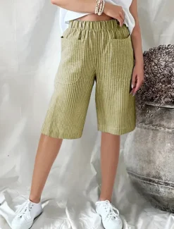 Clearance Women's Shorts Casual Daily Knee Length Striped Pocket Elastic Waistband Breathability Comfortable Inelastic Going out Weekend Black Yellow Pink Navy Blue Summer Regular Fit Women Shorts